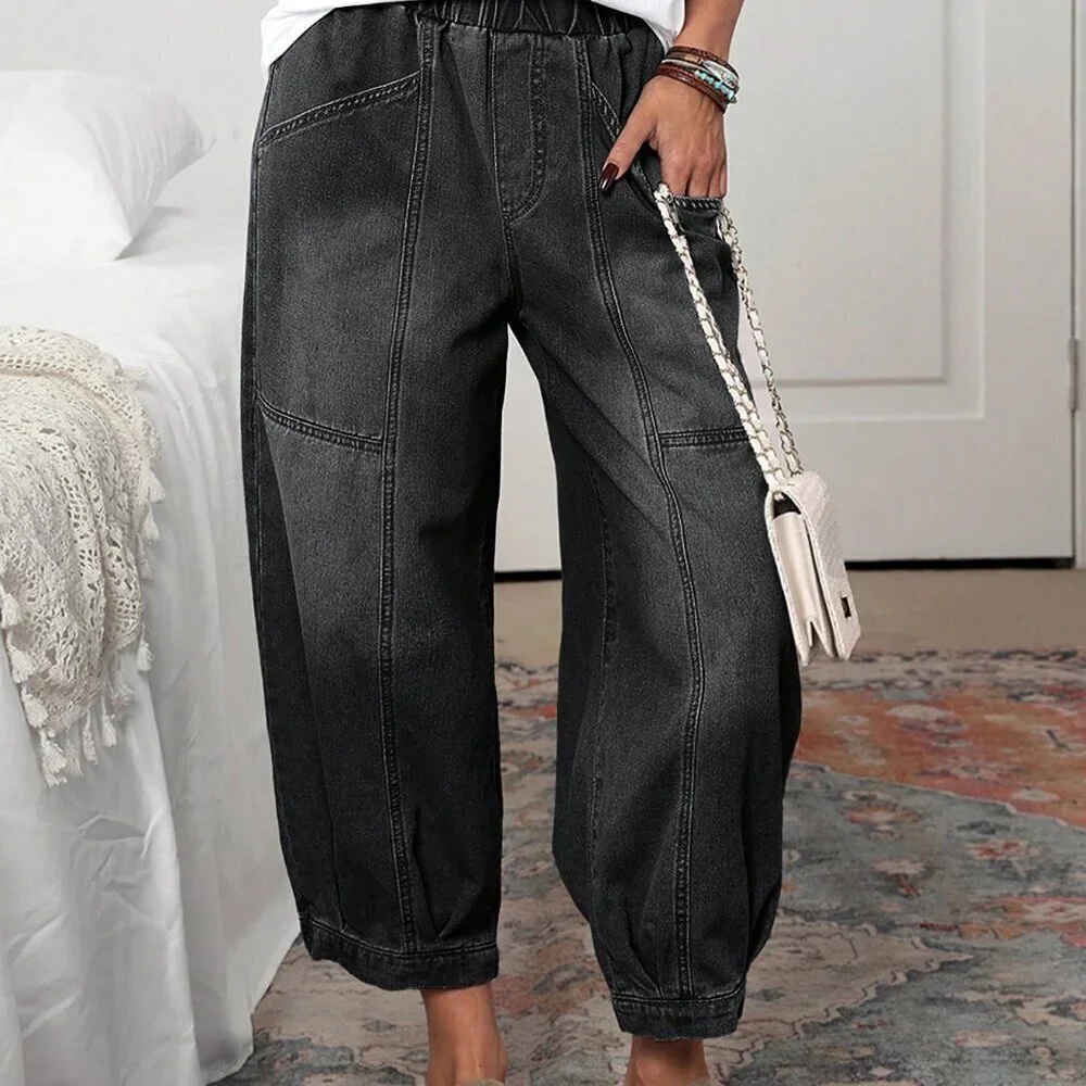 Black Casual Women's Pocket Tapered Loose Jeans - Picture 3 of 6